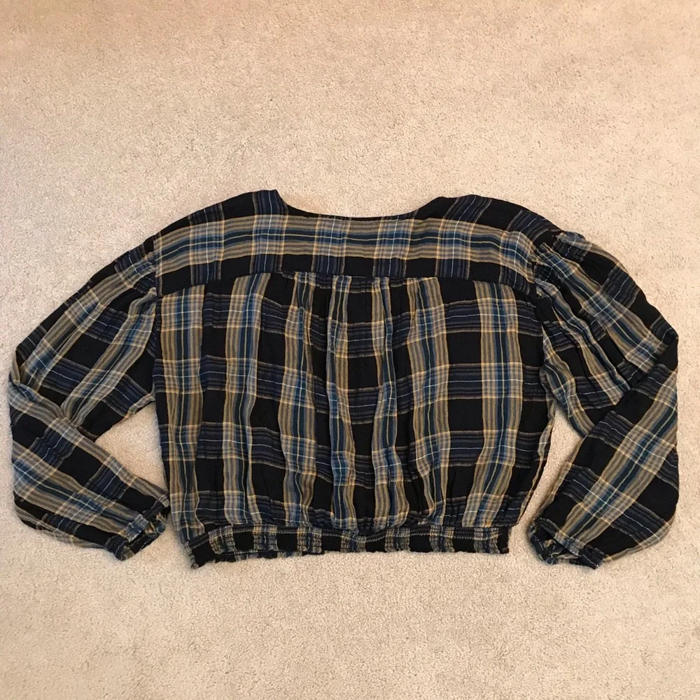 Free People Plaid Crop Top Size L Black Blue Tan Boho Prairie Country Girl Fall